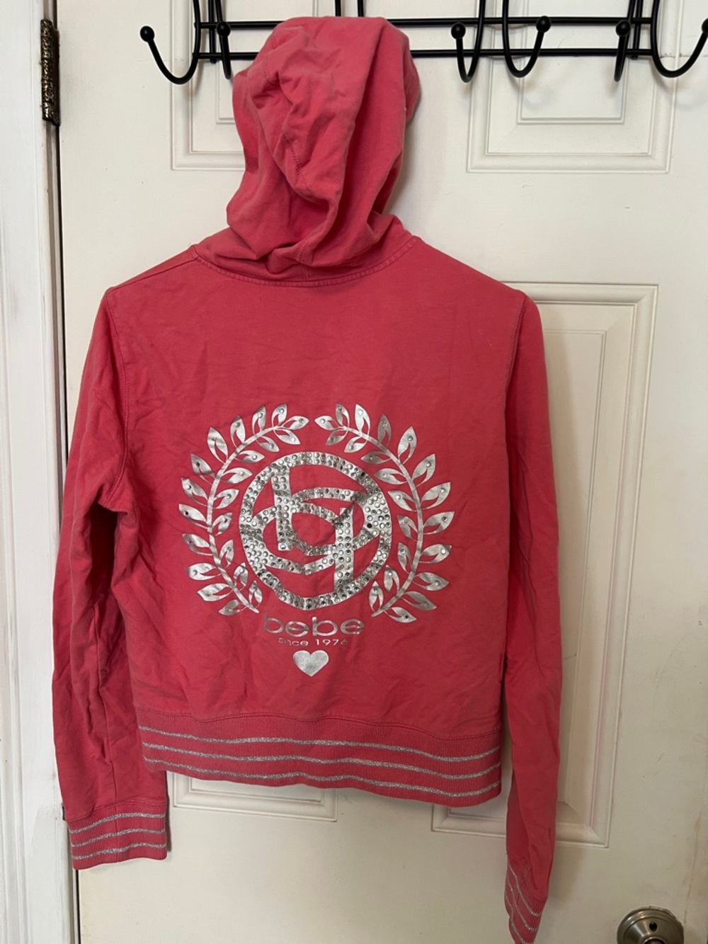 bebe Coral Pink Rhinestone Logo Zip Hoodie